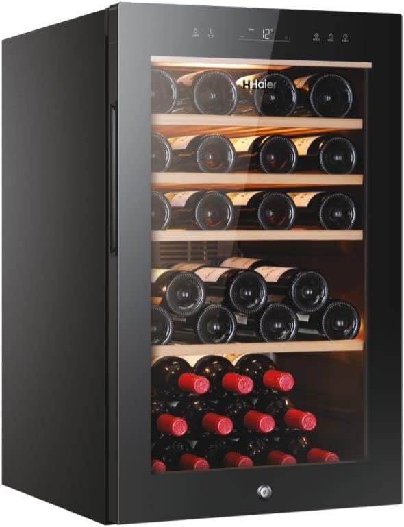 Haier Wine Bank 50 Series 5 HWS49GA Cantinetta Vino, 49 Bottiglie, App hOn, Vetro Anti-UV, Ripiani in Legno, Luce LED, Classe F, 49,7x58,5x82 cm, Nero           [Classe di efficienza energetica F]