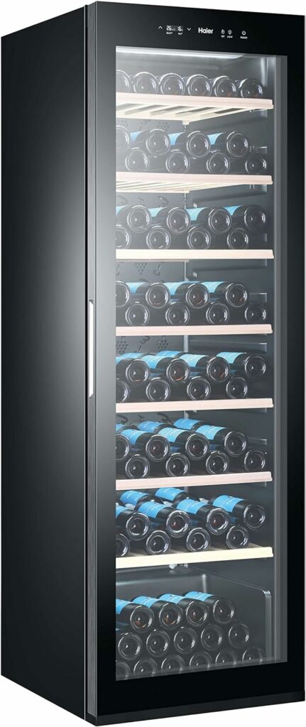 Haier WS171GA Cantinetta Vino Refrigerata, 171 Bottiglie, Luci a LED e Vetro anti UV, Ripiani in Legno, 38 dBa, Libera Installazione, 59.5*63.9*185 cm, Nero           [Classe di efficienza energetica G]