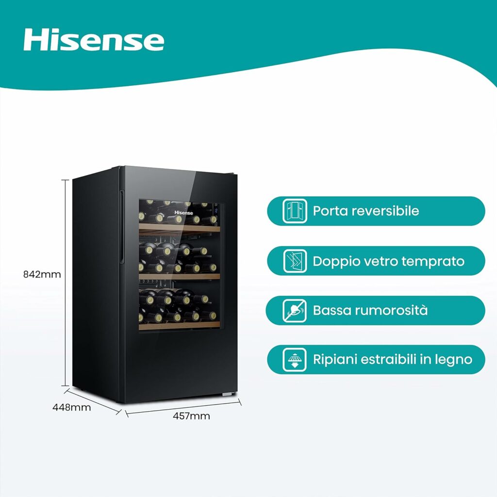 Hisense MWC4894GF - Cantina vino 30 bottiglie, Monotemperatura, Vetri anti UV, ripiani in legno, Display Touch, Illuminazione Led           [Classe di efficienza energetica G]