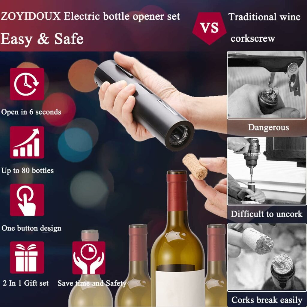 ZOYIDOUX cavatappi elettrico professionale automatico, ABS + PC + Punte a spirale in lega, One Touch, Apribottiglie per feste, appuntamenti e amanti del vino