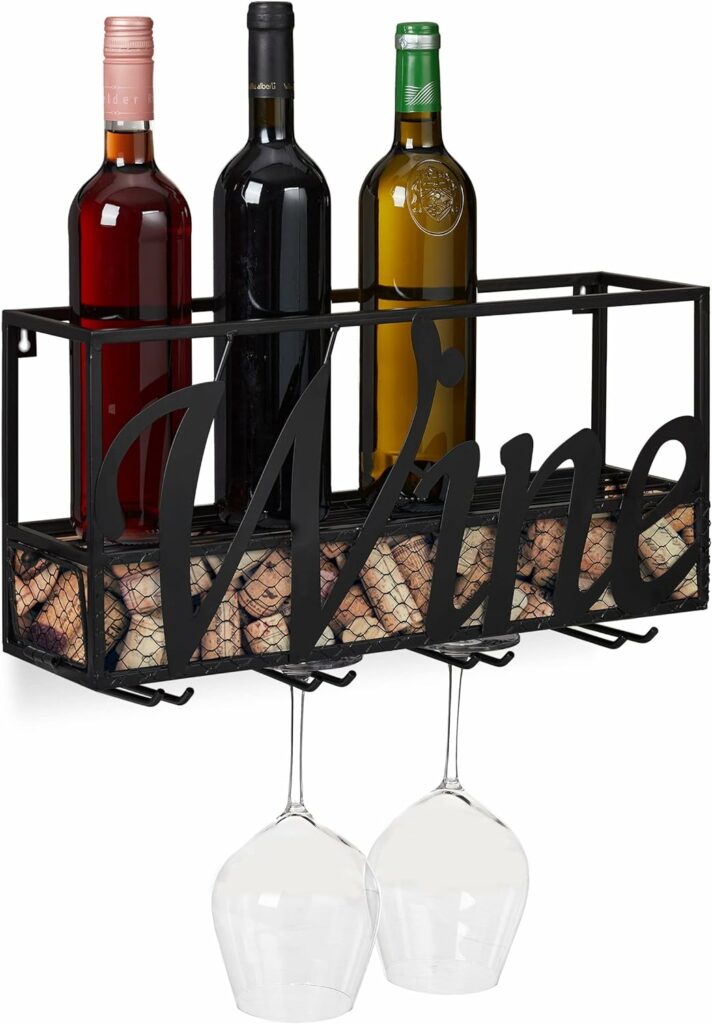 Relaxdays Mensola Portabottiglie, Bottiglie e Calici di Vino, HLP: 23,5x46,5x12 cm, Cucina, Cantina, Bar, Ferro, Nero, Metallo