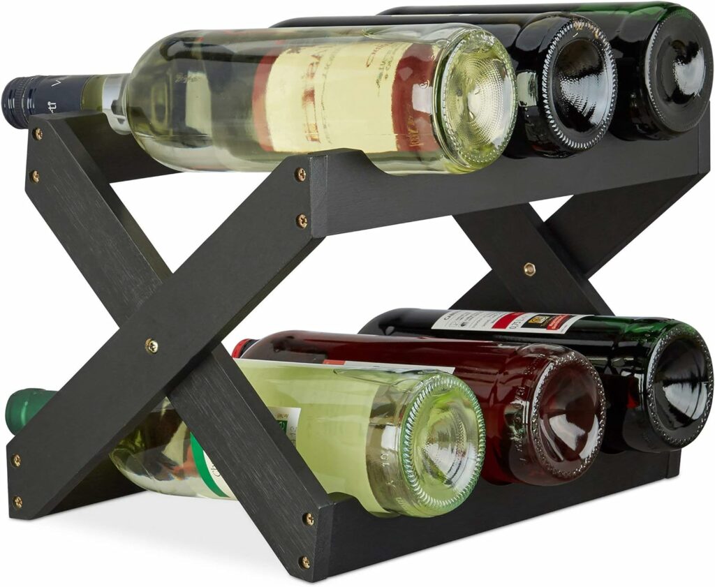 Relaxdays Porta bottiglie vino bambù a forma di X 6 bottiglie cantinetta piccola pieghevole HLP 22x36x20 cm nero